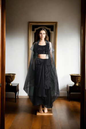 Black Chiffon Silk Pleated Skirt with Side Opening & Plain Strap Tube Blouse  Orange Sequin & Bead Neckline Jacket