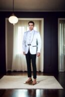 White Blazer with Shawl Collar and Black Satin Accents - Perfect for Weddings & Formal Events