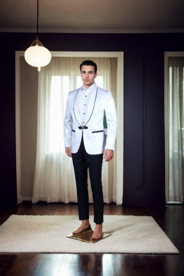 White Blazer with Shawl Collar and Black Satin Accents - Perfect for Weddings & Formal Events - Image 3