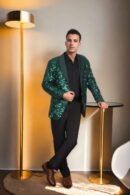 Bottle Green Sequins Blazer with Satin Lapel - Perfect for Weddings & Evening Parties