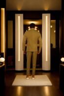 Honey Yellow Suiting Set with Notch Lapel Collar, Unique Pattern, Two-Button Blazer with Pocket, Full Sleeves, and A-Line Pants