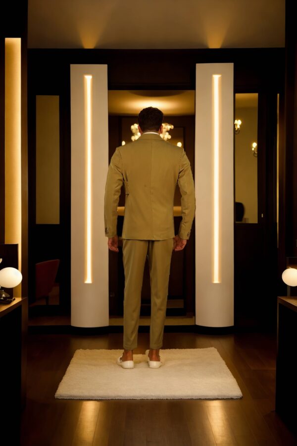 Honey Yellow Suiting Set with Notch Lapel Collar, Unique Pattern, Two-Button Blazer with Pocket, Full Sleeves, and A-Line Pants - Image 3