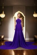 Elegant Purple Georgette Halter Neck Long Train Flying Dress - Pleated Sleeveless Design for Photoshoots & Santorini Vibes