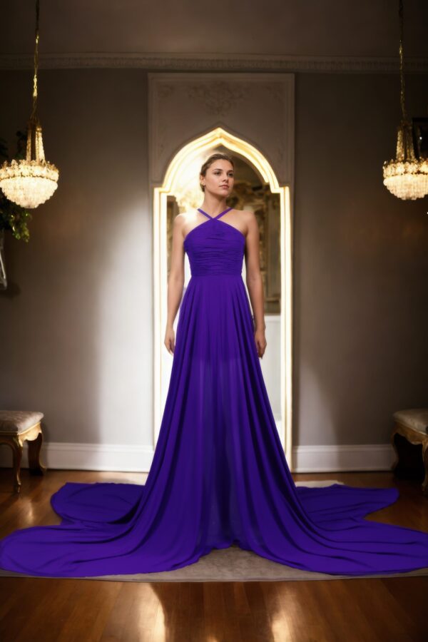 Elegant Purple Georgette Halter Neck Long Train Flying Dress - Pleated Sleeveless Design for Photoshoots & Santorini Vibes