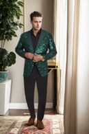 Bottle Green Sequins Blazer with Satin Lapel - Perfect for Weddings & Evening Parties