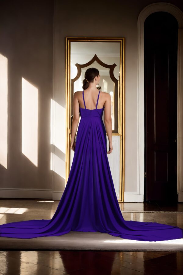 Elegant Purple Georgette Halter Neck Long Train Flying Dress - Pleated Sleeveless Design for Photoshoots & Santorini Vibes - Image 4