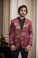 Wine Velvet Blazer with Gold Foil Baroque Print - Perfect for Weddings & Festive Celebrations