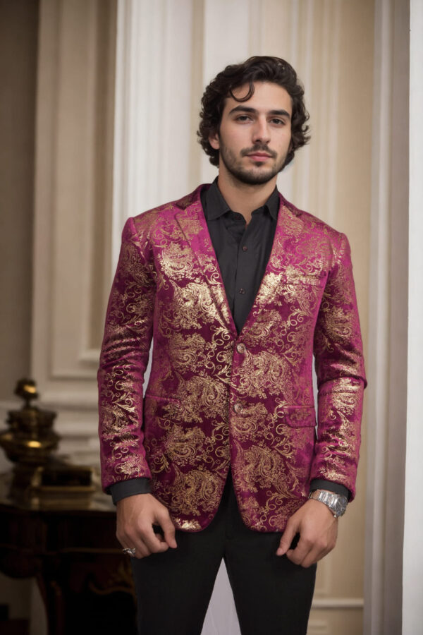 Wine Velvet Blazer with Gold Foil Baroque Print - Perfect for Weddings & Festive Celebrations - Image 3