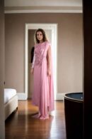 Baby Pink Chiffon Off-Shoulder Gown with Unique Long Drape Design and Bead & Sequin Work - Elegant Evening Wear