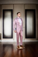 Cherry Blossom Pink Net Suit with Pearls, Beads & Sequin Work - Silk Satin Shawl Collar with Button Design, Full Sleeves & A-Line Pants