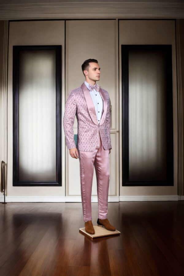 Cherry Blossom Pink Net Suit with Pearls, Beads & Sequin Work - Silk Satin Shawl Collar with Button Design, Full Sleeves & A-Line Pants - Image 2