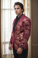 Wine Velvet Blazer with Gold Foil Baroque Print - Perfect for Weddings & Festive Celebrations