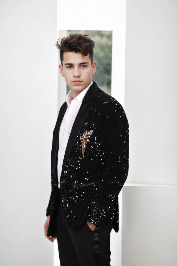 Luxurious Black Heavy Suit with Sequins Fabric Work and Notched Lapels ? Perfect for Weddings & Formal Events