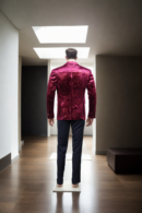Luxurious Rani Pink Velvet Blazer - Printed Design, Notched Collar & Full Sleeves