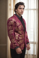 Wine Velvet Blazer with Gold Foil Baroque Print - Perfect for Weddings & Festive Celebrations