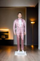 Cherry Blossom Pink Net Suit with Pearls, Beads & Sequin Work - Silk Satin Shawl Collar with Button Design, Full Sleeves & A-Line Pants