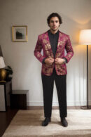 Wine Velvet Blazer with Gold Foil Baroque Print - Perfect for Weddings & Festive Celebrations