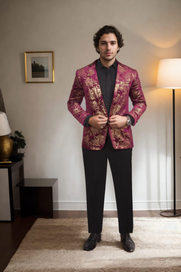 Wine Velvet Blazer with Gold Foil Baroque Print - Perfect for Weddings & Festive Celebrations