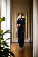 Elegant Black Velvet Readymade Drape Saree with Beads Lace Work Halter Neck Half Sleeves - Perfect for Formal & Evening Events