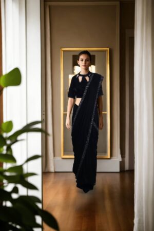 Elegant Black Velvet Readymade Drape Saree with Beads Lace Work Halter Neck Half Sleeves - Perfect for Formal & Evening Events