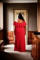 Elegant Red Suiting Fabric Gown with Off-Shoulder Design & Ruffle Detail for Special Occasions