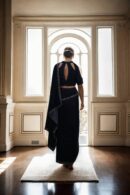 Elegant Black Velvet Readymade Drape Saree with Beads Lace Work Halter Neck Half Sleeves - Perfect for Formal & Evening Events