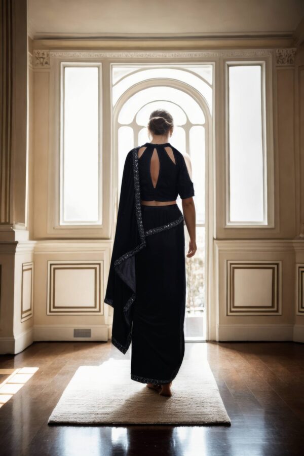 Elegant Black Velvet Readymade Drape Saree with Beads Lace Work Halter Neck Half Sleeves - Perfect for Formal & Evening Events - Image 3
