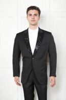 Classic Black Suit with Notched Lapels and Sequins Collar - Perfect for Weddings & Formal Events