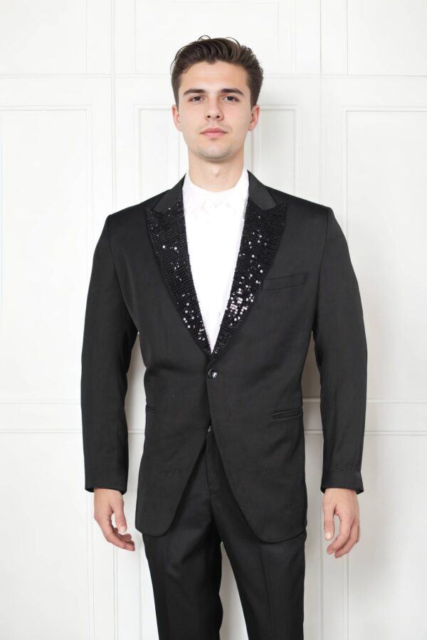 Classic Black Suit with Notched Lapels and Sequins Collar - Perfect for Weddings & Formal Events