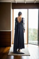 Black Silk Dress with Front Pleated Details, Self-Thread Work, Sequin Embellishments, V-Neckline, and Net Full Sleeves - Elegant Evening Wear