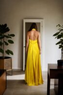 Yellow Satin Halter Neck Maxi Gown with Tie-Up Waist Detail Elegant Evening Wear