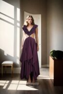 Wine Silk Pleated Dress with Ruffle Design & Sweetheart Neckline - Perfect for Elegant Evenings