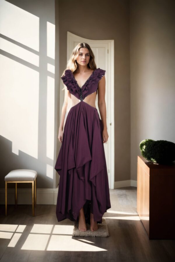 Wine Silk Pleated Dress with Ruffle Design & Sweetheart Neckline - Perfect for Elegant Evenings
