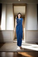 Sophisticated Blue Silk Gaurav Gupta Blouse with Back Zip & Round Neck Design Readymade Drape Saree - Perfect for High-End Events