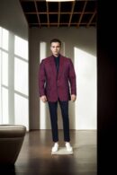 Maroon Twill Weave Slim-Fit Casual Blazer with Black Leaf Motif Design - Shawl Collar, Single-Button Closure & Double Vent