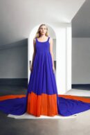 Stunning Blue and Orange Georgette Gown with Flowing Long Trail - Elegant Sleeveless Design for Formal Events