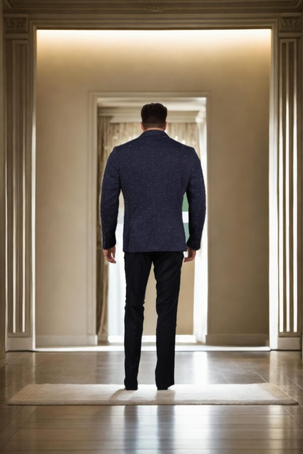 Navy Blue Cotton-Viscose Slim-Fit Formal Suit with Geometric Design, Notched Lapel Collar, Full Sleeves, and Formal Pants - Image 3