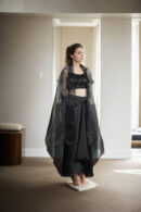 Black Chiffon Silk Pleated Skirt with Side Opening & Plain Strap Tube Blouse  Orange Sequin & Bead Neckline Jacket