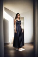 Black Satin Sleeveless Gown with Sequin Detailing, V-Neckline, and Satin Belt - Elegant Evening Wear