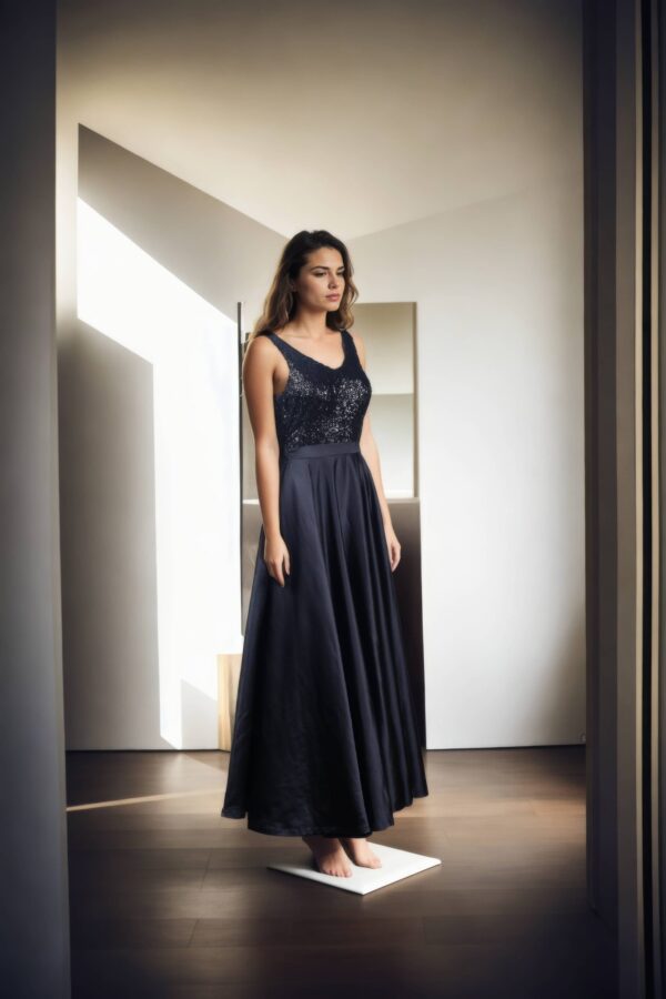 Black Satin Sleeveless Gown with Sequin Detailing, V-Neckline, and Satin Belt - Elegant Evening Wear - Image 2