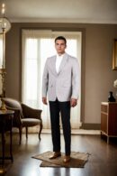 Ash Grey Suiting Blazer with Notch Lapel Collar, Double-Button Closure, Flap & Chest Welt Pockets, Attached Lining, and Double-Vented Back Hem