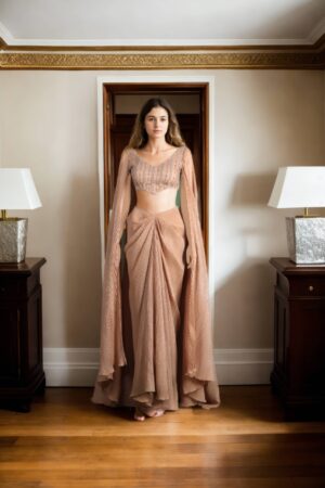 Stylish Nude Pleated Georgette Gown with Dhoti-Style Skirt, Cape Sleeves & Pearl Beadwork - Regal Designer Wear