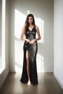 Gold-Toned Shimmer A-Line Dress with Horizontal Line Design & V-Neckline - Sleeveless and Full-Length with Straight Hem