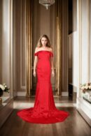 Luxurious Red Silk Plain Western Trail Gown with Off-Shoulder Design & Long Flowing Skirt - Perfect for Elegant Evenings & Special Occasions
