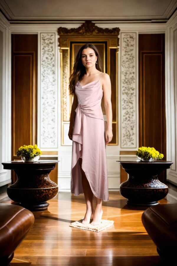 Cherry Blossom Satin Dress with Side Cascade and Back Opening - Elegant Evening Wear - Image 2