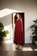 Maroon Net Gown with Sequin Square Design & Unique Full Sleeves - Elegant Evening Wear