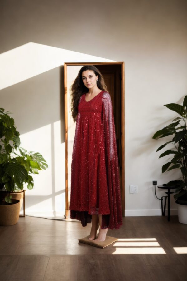 Maroon Net Gown with Sequin Square Design & Unique Full Sleeves - Elegant Evening Wear - Image 2