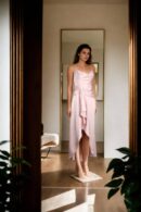 Cherry Blossom Satin Dress with Side Cascade and Back Opening - Elegant Evening Wear