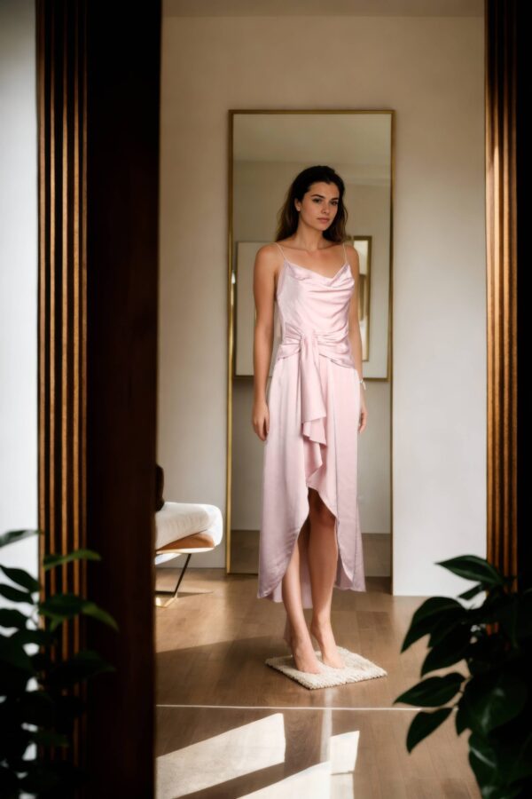 Cherry Blossom Satin Dress with Side Cascade and Back Opening - Elegant Evening Wear - Image 4