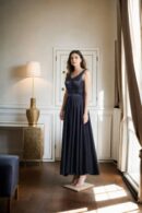 Black Satin Sleeveless Gown with Sequin Detailing, V-Neckline, and Satin Belt - Elegant Evening Wear